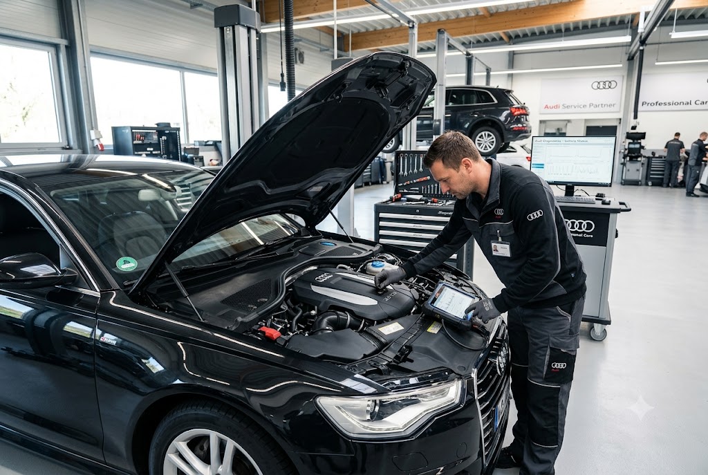 Technician inspecting an Audi at a professional automotive service centre